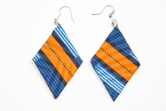 Boucles d'oreilles wax losange orange bleu blanc - tissu recyclé artisanal - légères élégantes