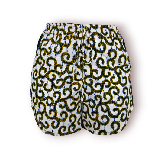 Short femme en tissu wax blanc, jaune, noir - Deux Poches latérales - Style sport décontracté.