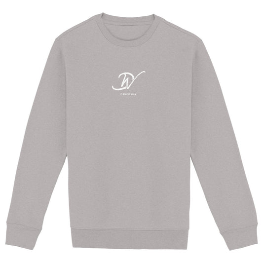 Vue produit sweat-shirt col rond unisexe bio gris clair à plat avec monogramme DW cursif blanc centré poitrine et inscription DJÊKOO WAX - Fashion africaine durable