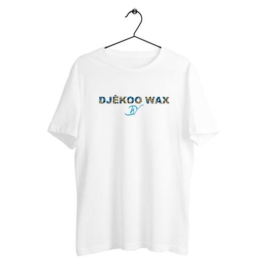 T-shirt Blanc 100% coton biologique avec un motif wax bleu et jaune