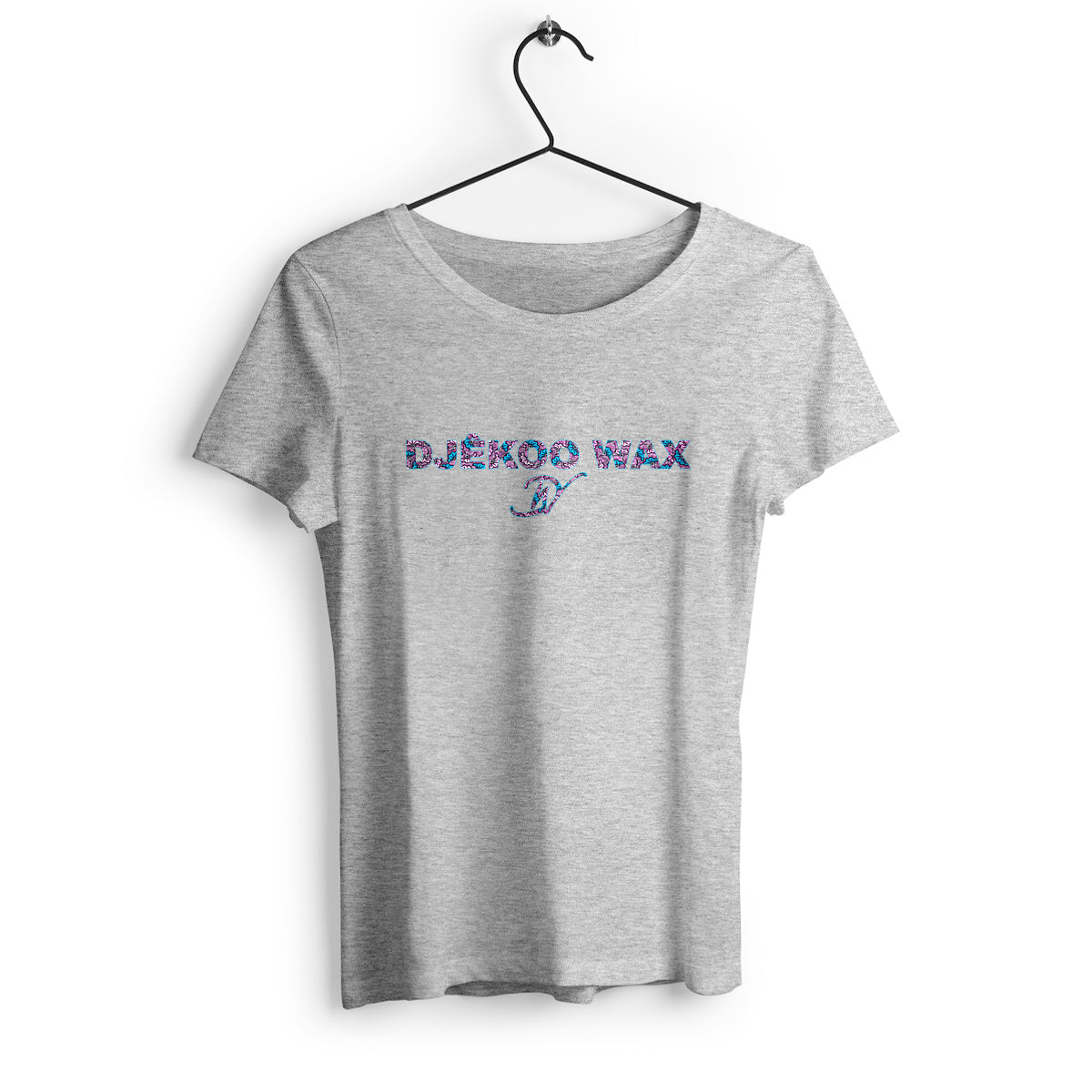 T-shirt gris 100% coton biologique avec un motif wax "fleurs de mariage" rose et bleu