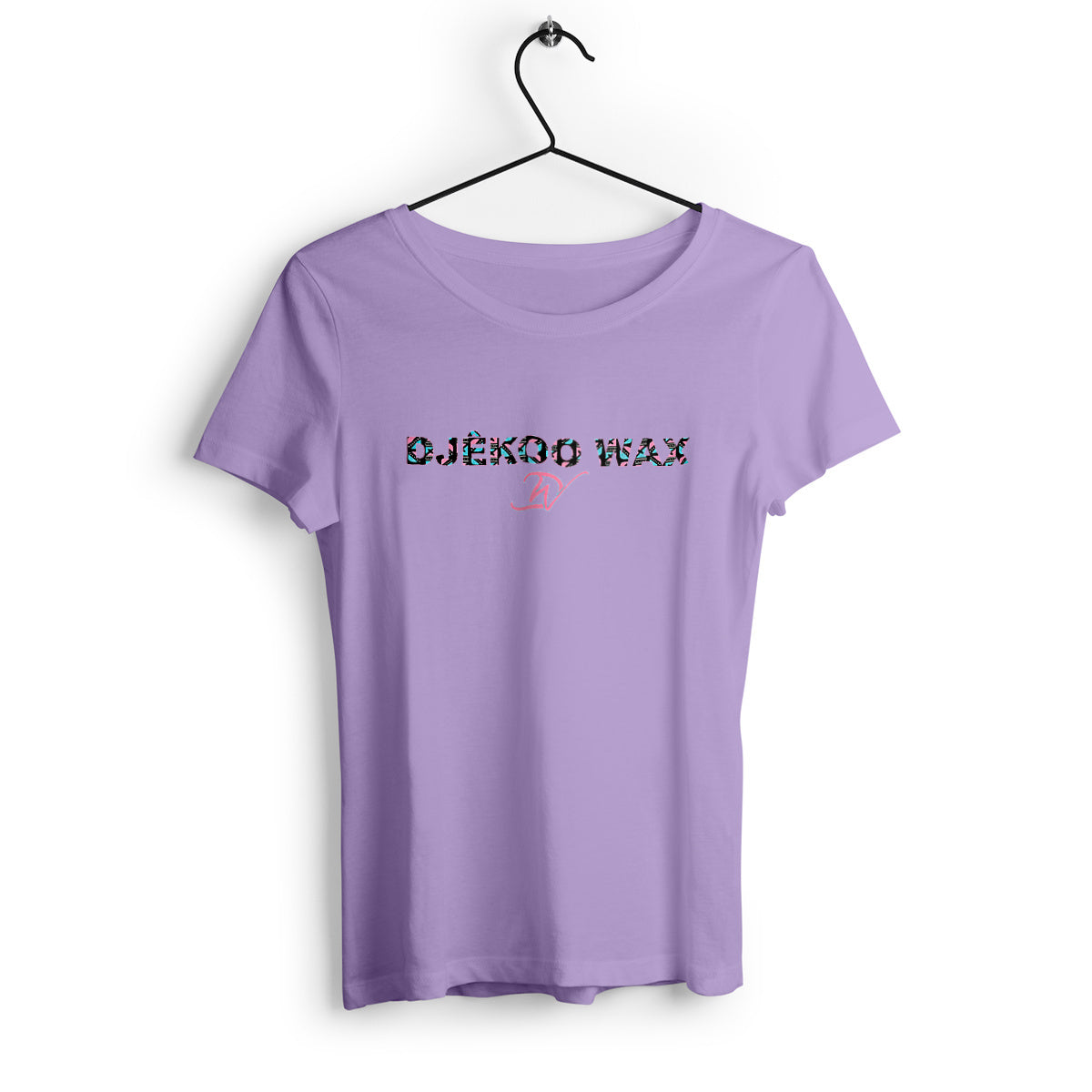T-shirt lavande 100% coton biologique avec un motif wax rose et bleu
