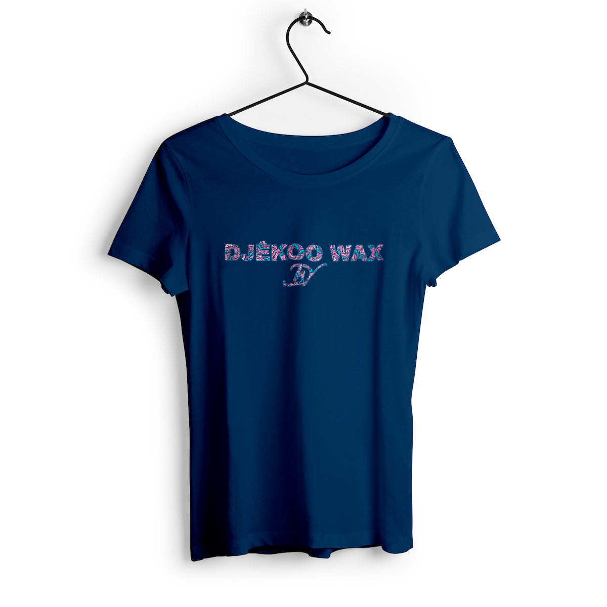 T-shirt Bleu Marine 100% coton biologique avec un motif wax "fleurs de mariage" rose et bleu