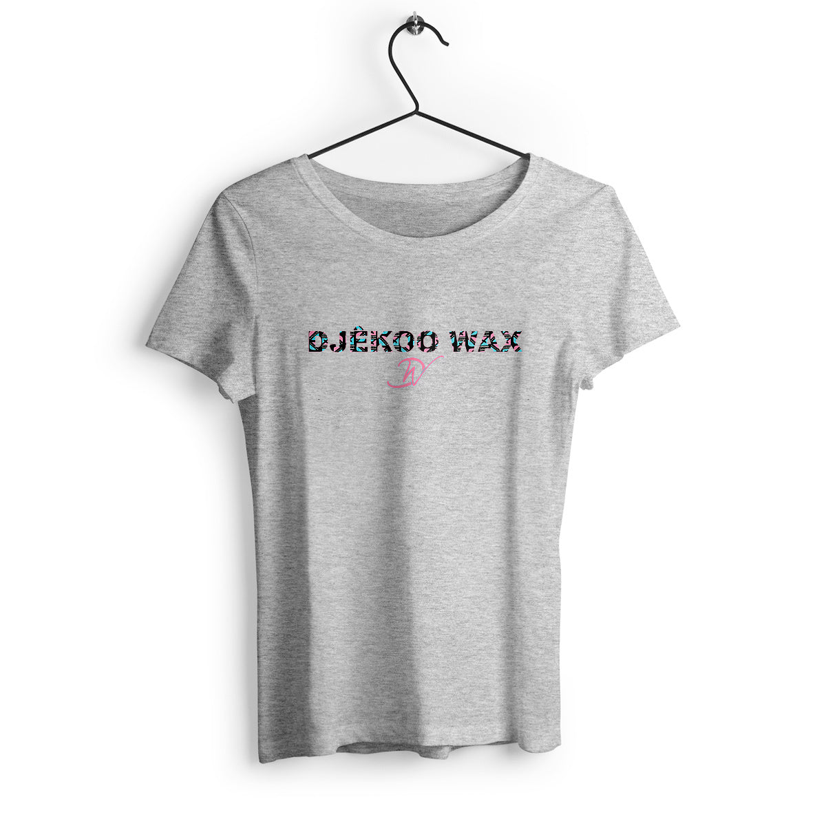 T-shirt gris 100% coton biologique avec un motif wax rose et bleu