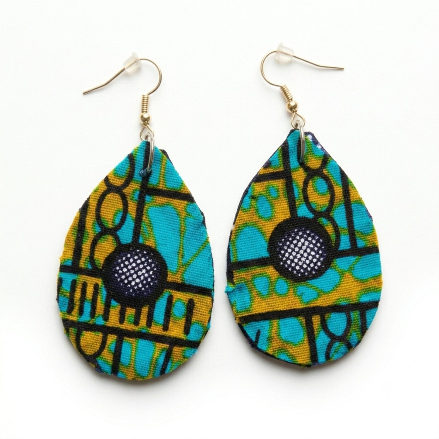 Boucles d'oreilles pendantes artisanales en tissu wax africain Ankara, forme goutte d'eau, fond turquoise et or avec cabochon marine — verso