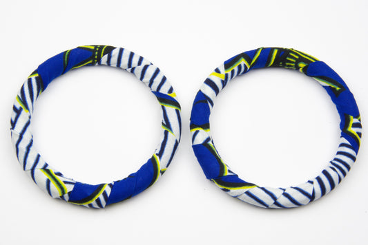 Bracelet wax artisanal bois bleu blanc jaune noir - tissu recyclé - fait main