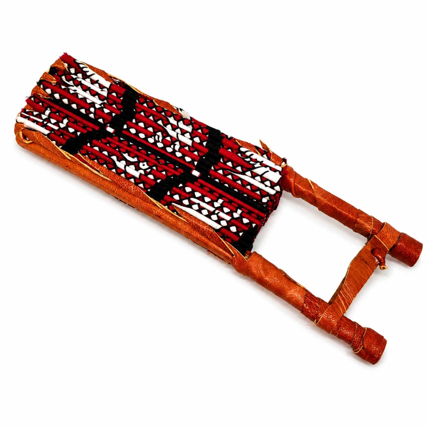 Éventail africain artisanal en wax rouge à motifs d’oiseaux
