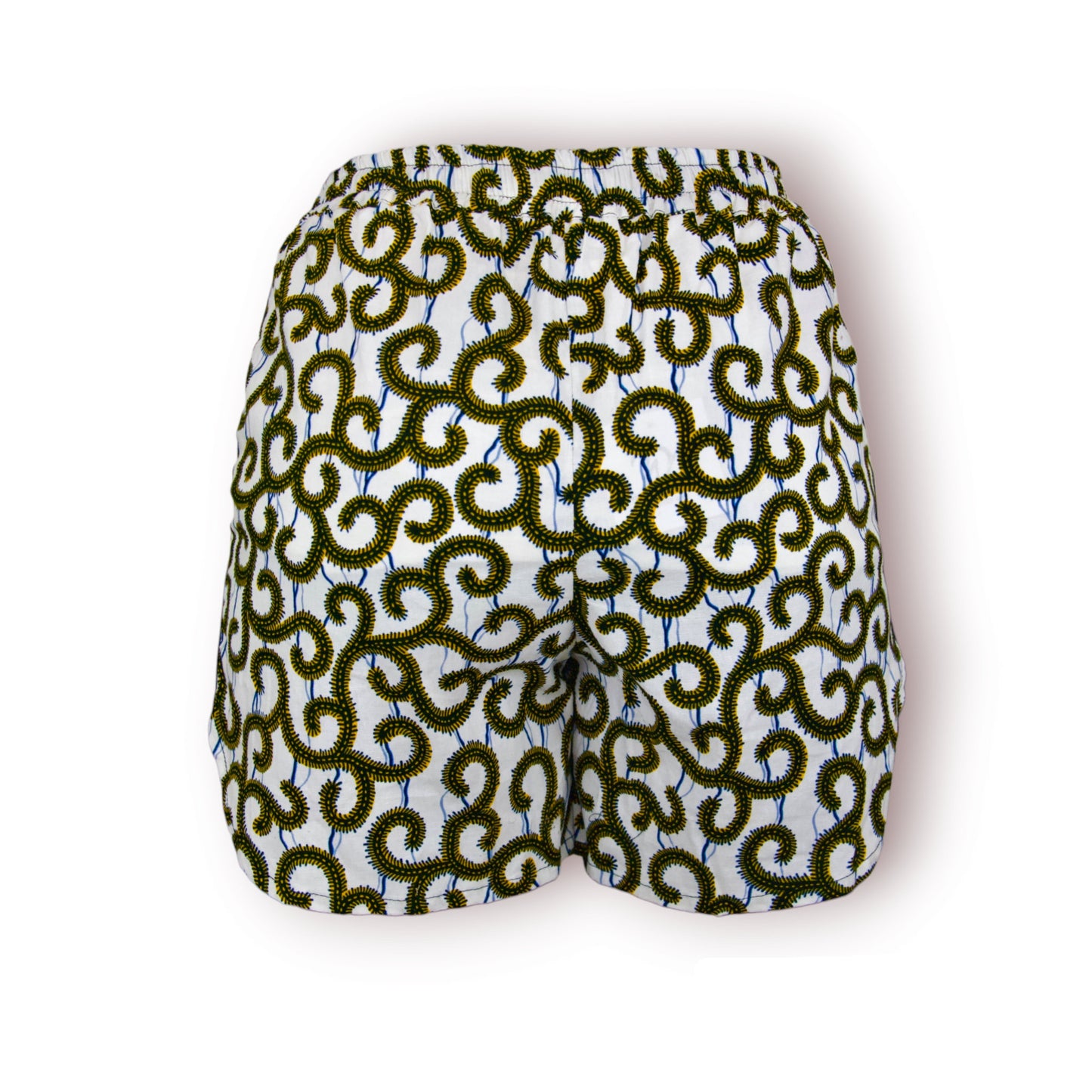 Vue dos short femme en tissu wax blanc cassé à motifs spirales vert kaki et jaune citron sur fond lignes bleues avec ceinture élastique et bandes latérales noires - Djêkoo Wax