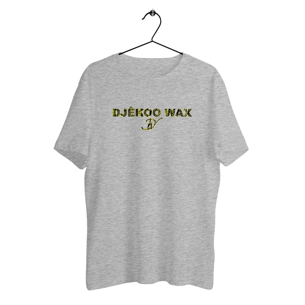 T-shirt unisexe gris chiné sur cintre en coton biologique avec logo Djêkoo Wax imprimé tissu wax jaune et noir - Mode africaine éthique