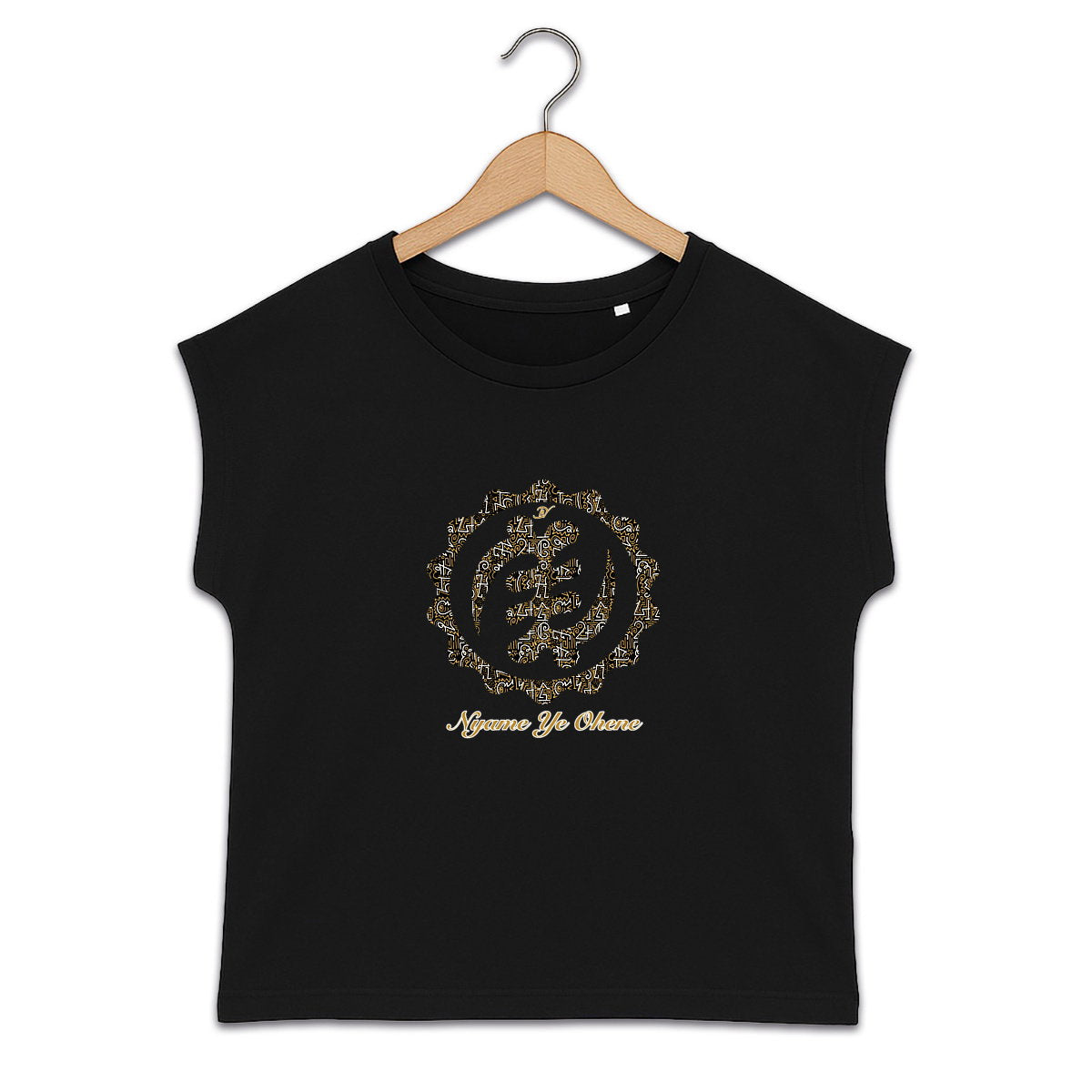 T-shirt femme bio noir avec symbole africain Adinkra Nyame Ye Ohene