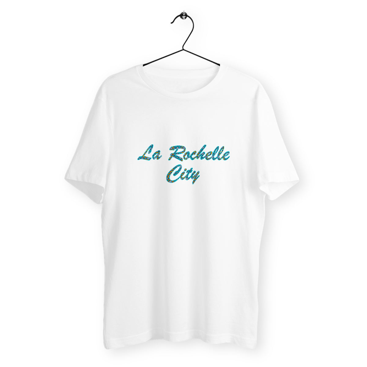 T-shirt blanc La Rochelle City Edition en coton bio GOTS avec motif wax bleu et jaune