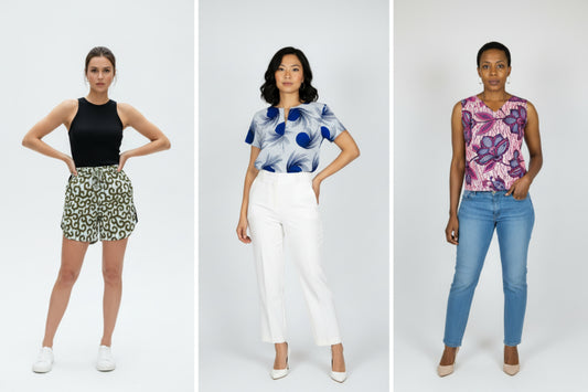 Trois femmes portant des tenues modernes avec différentes touches de wax Djêkoo Wax au quotidien