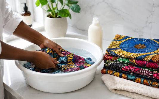 Tissu wax coloré en cours de lavage à la main pour préserver les couleurs dès le premier lavage