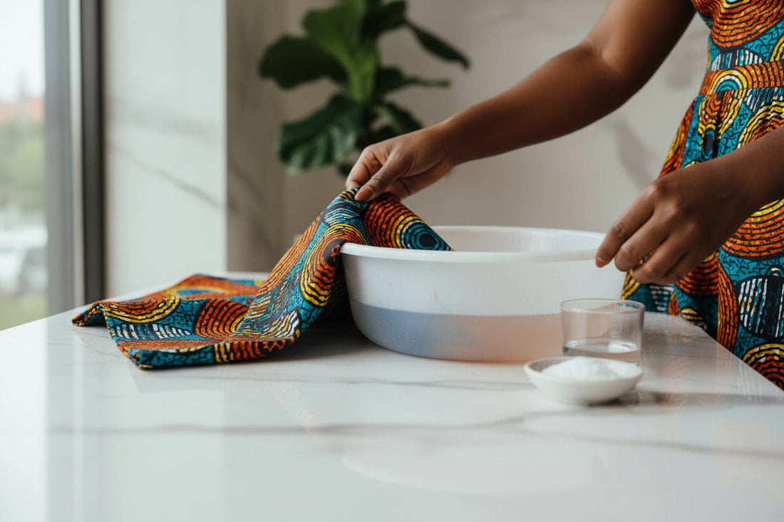 femme qui trempe un tissu wax dans une bassine avec de l'eau du sel et du vinaigre d'alcool
