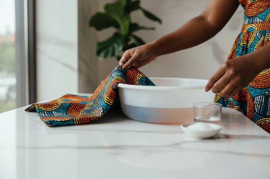 femme qui trempe un tissu wax dans une bassine avec de l'eau du sel et du vinaigre d'alcool