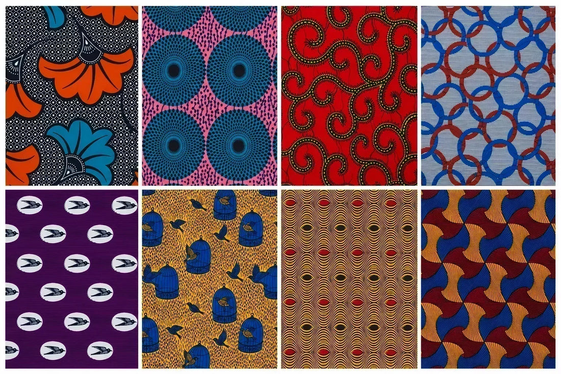 Mosaïque de huit motifs wax africains emblématiques et leurs significations traditionnelles
