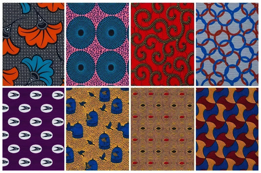 Mosaïque de huit motifs wax africains emblématiques et leurs significations traditionnelles