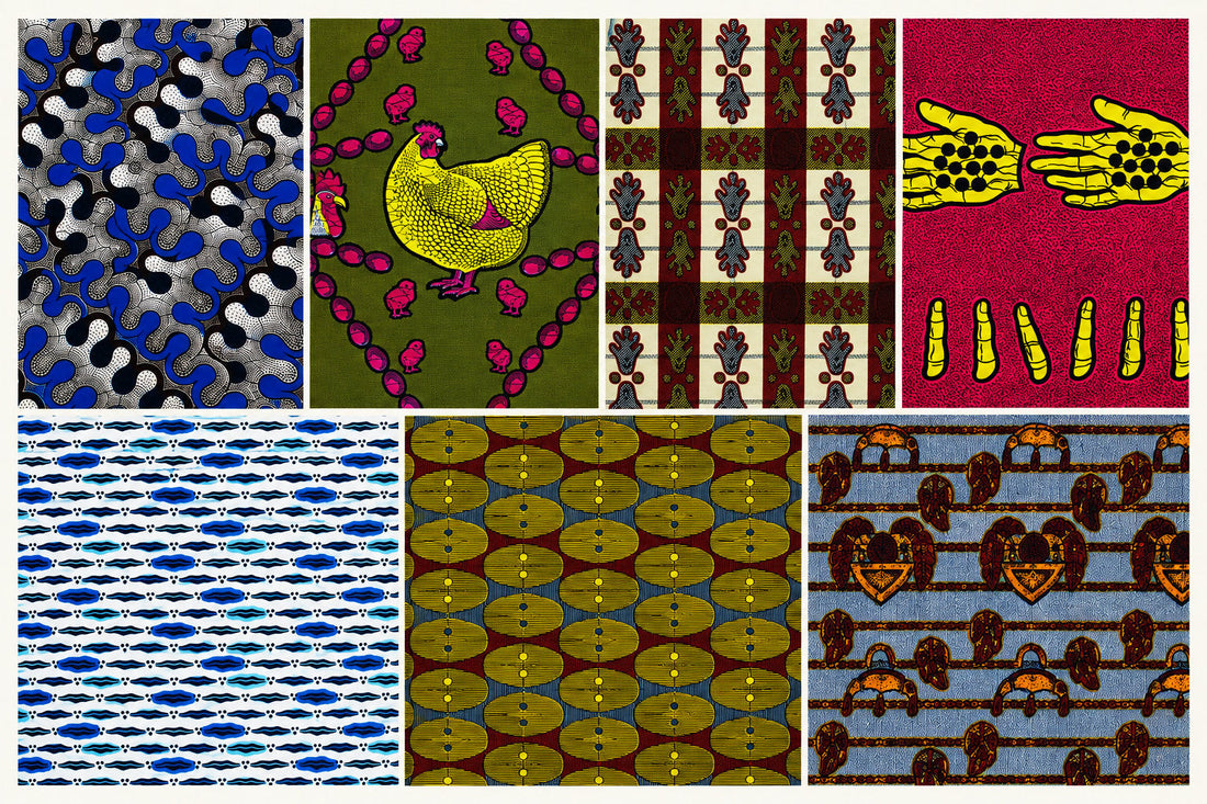 Mosaïque de sept motifs wax africains illustrant leurs significations, histoires et symboles culturels