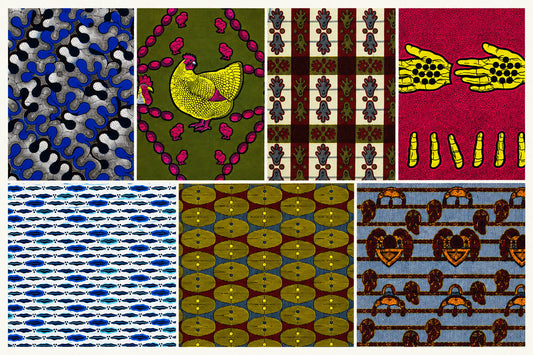 Mosaïque de sept motifs wax africains illustrant leurs significations, histoires et symboles culturels