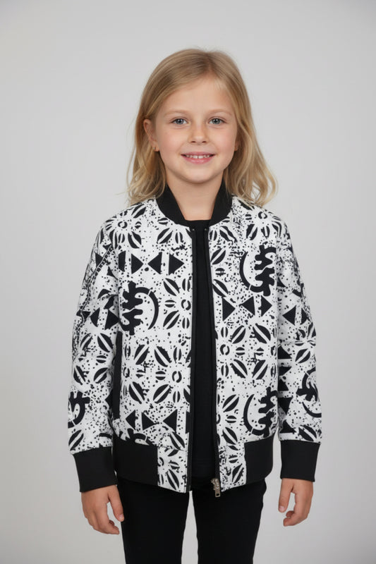 Bomber enfant en tissu wax blanc et noir avec motifs géométriques africains - Djêkoo Wax