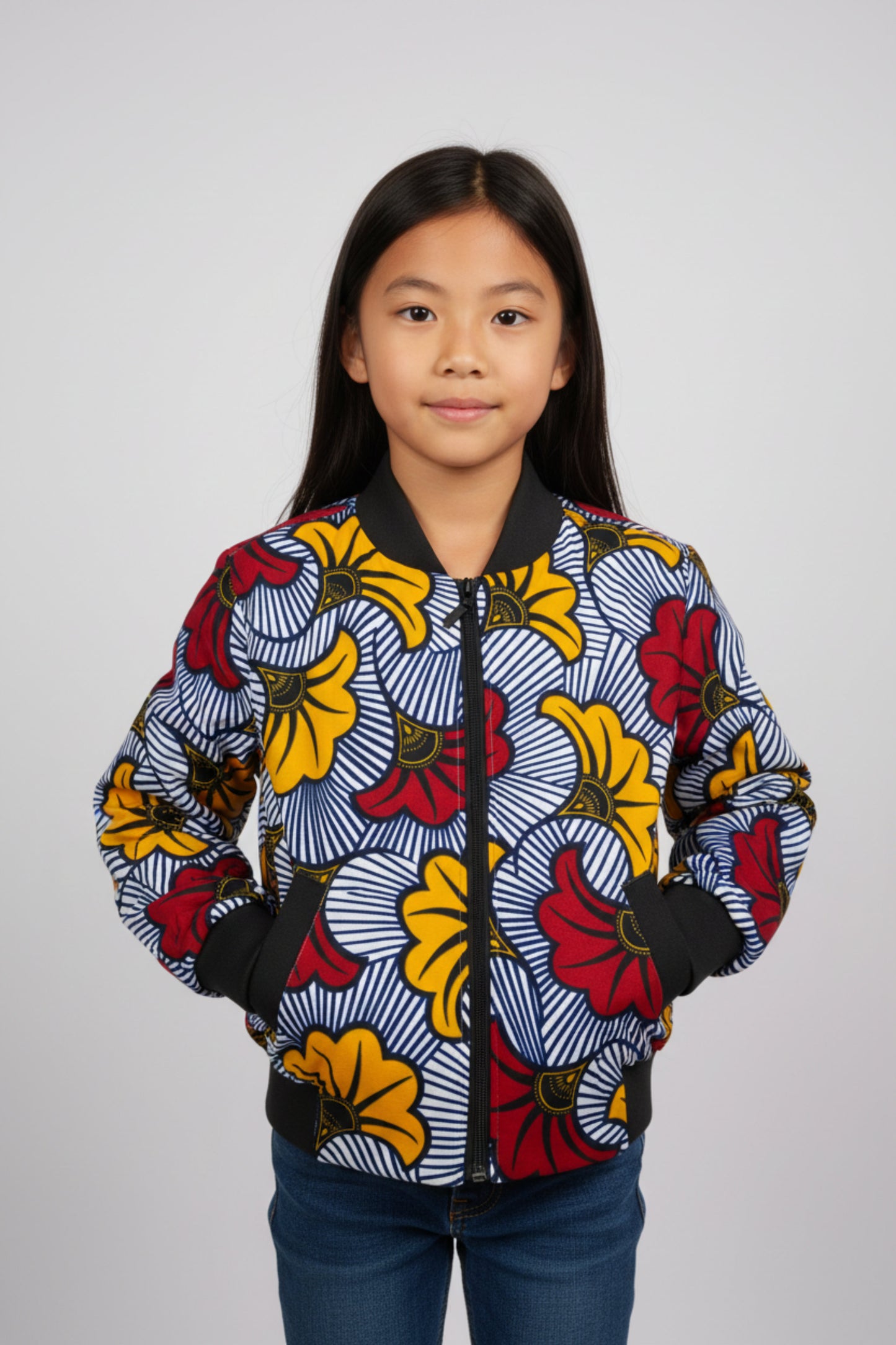 Veste bomber enfant wax motif fleurs jaunes et rouges sur fond rayé - Mode africaine enfant