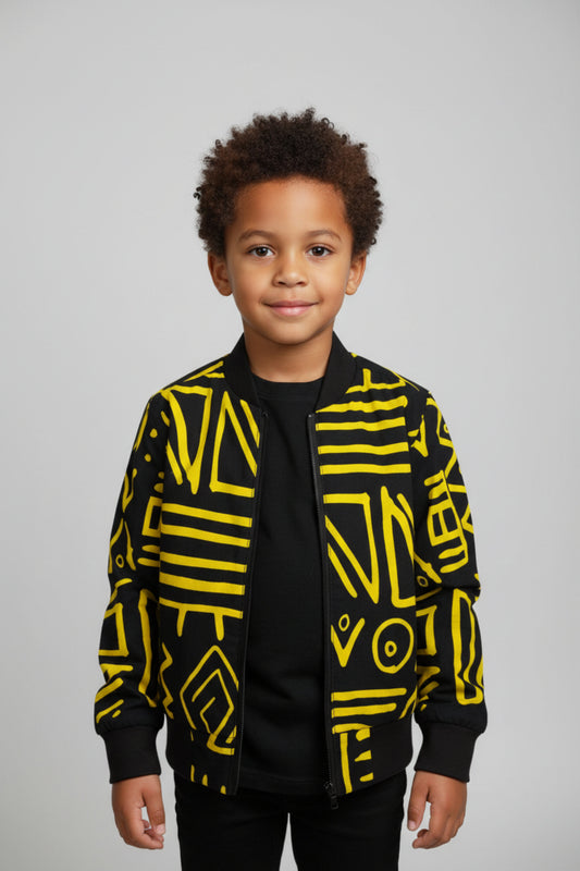 Veste bomber enfant wax jaune et noir avec imprimé bogolan géométrique - Djêkoo Wax