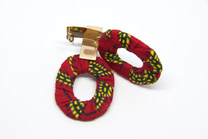 Boucles d'oreilles pour femme en tissu wax rouge jaune et noir 