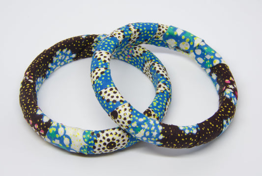 Duo bracelets rigides wax bleu, blanc et marron motifs pois jaune fluo artisanaux - Djêkoo Wax