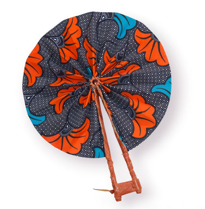 Éventail wax - Motif Fleurs de mariage - Couleurs Bleu, orange