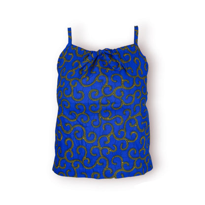 Haut Top en tissu wax bleu jaune noir - motif du pagne "conseillé" - Fabrication artisanale.