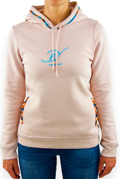 Sweat à capuche bio taille S pour femme de couleur rose avec tissu Wax brodé sur les bords des poches latérales et de la capuche