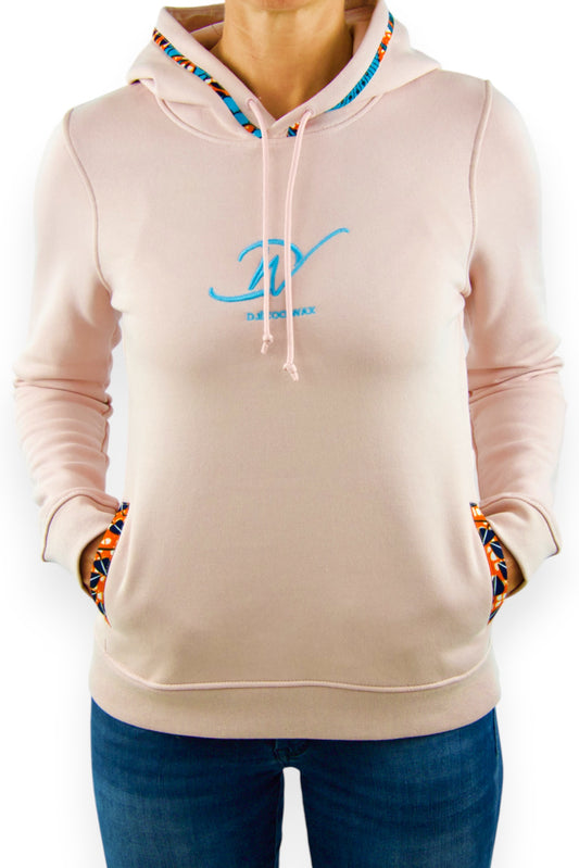 Sweat à capuche bio taille S pour femme de couleur rose avec tissu Wax brodé sur les bords des poches latérales et de la capuche