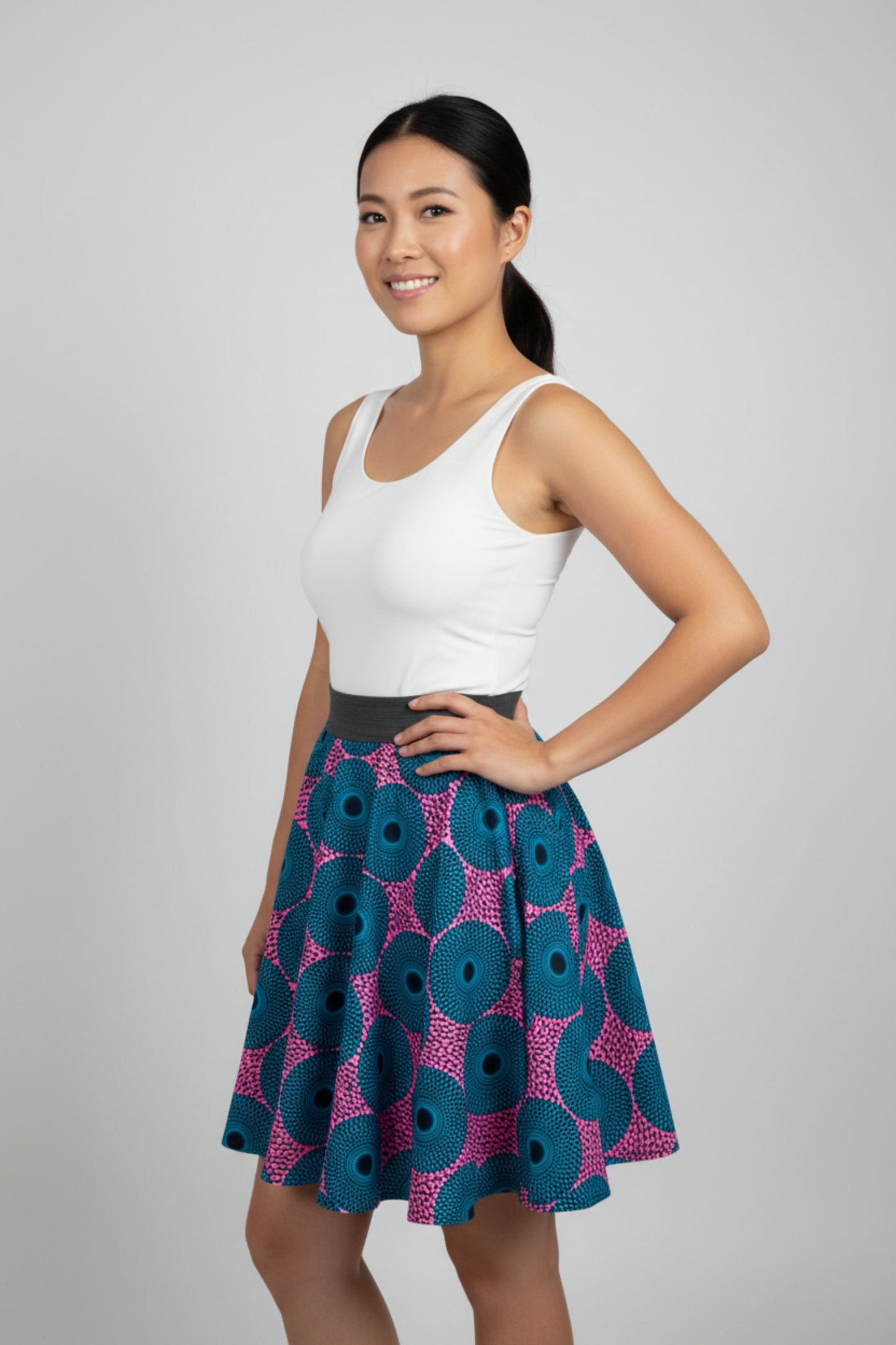 Jupe patineuse wax rose fuchsia et bleu canard avec imprimé floral traditionnel - Mode africaine premium