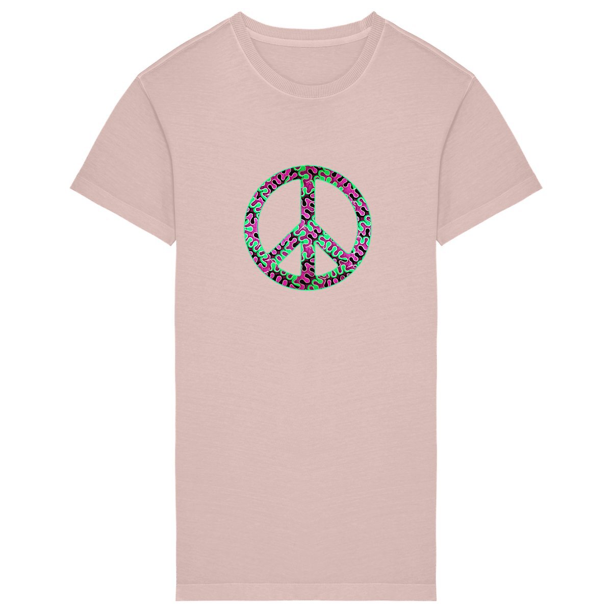 Robe T-shirt Rose pétale 100 % coton bio avec logo peace & love imprimé rose vert noir designe wax - djekoowax.com