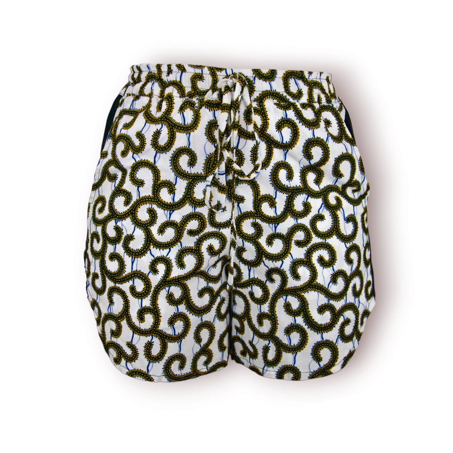 Short femme en tissu wax blanc, jaune, noir - Deux Poches latérales - Style sport décontracté.