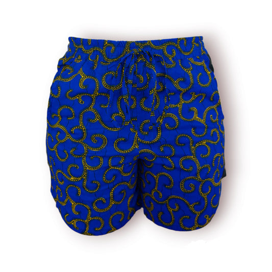 Short femme en tissu wax bleu, jaune, noir - Deux Poches latérales - Style sport décontracté.