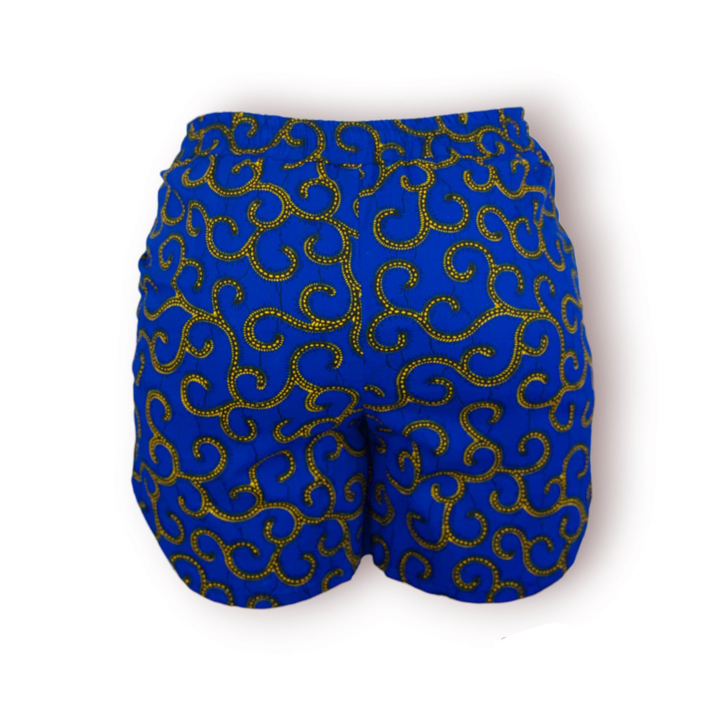 Short femme en tissu wax bleu, jaune, noir - Deux Poches latérales - Style sport décontracté.