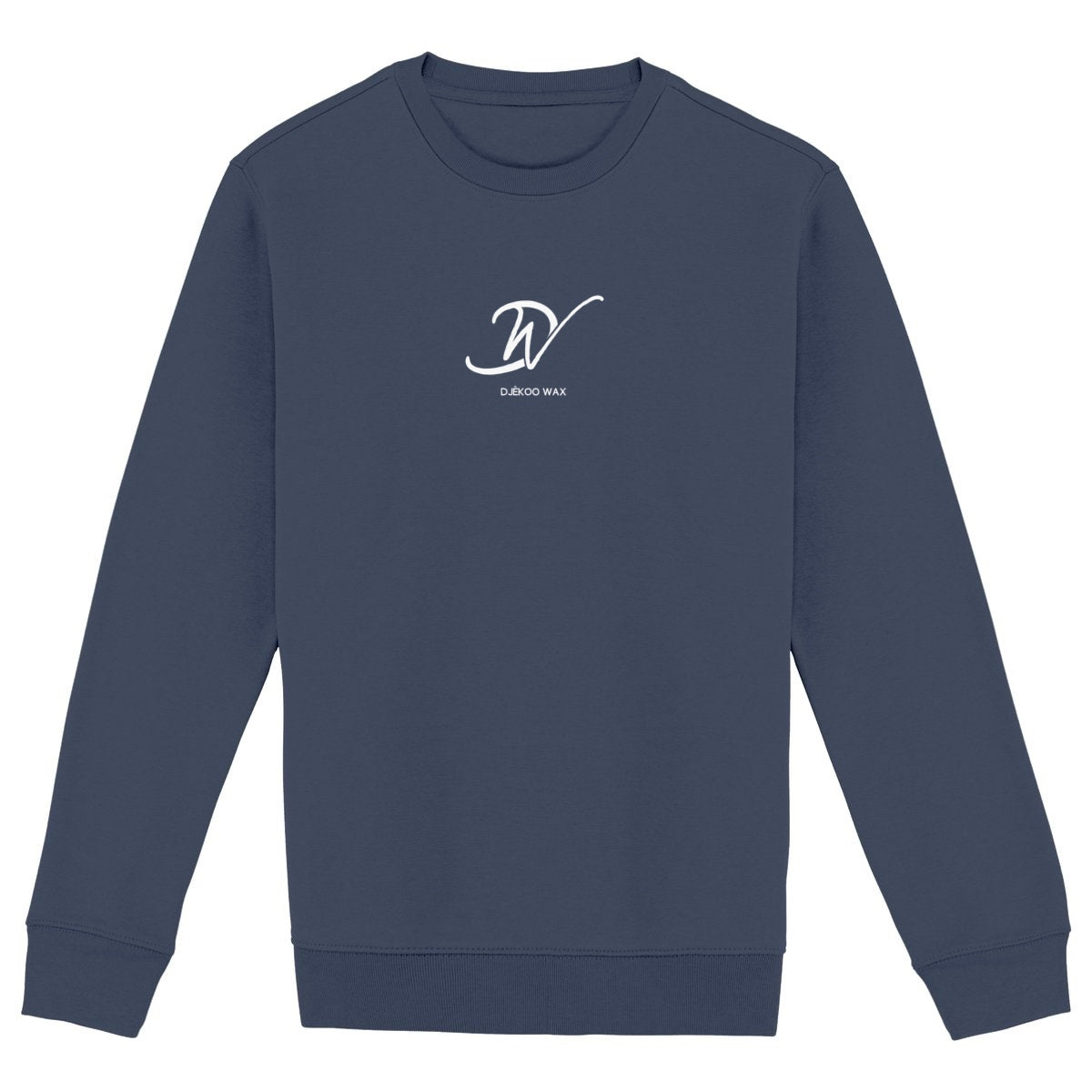 Vue produit sweat-shirt col rond unisexe bio bleu navy à plat avec monogramme DW cursif blanc centré poitrine et inscription DJÊKOO WAX - Djêkoo Wax