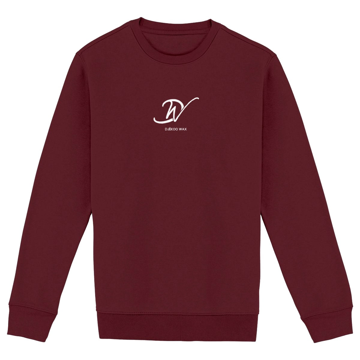 Vue produit sweat-shirt col rond unisexe bio bordeaux à plat avec monogramme DW cursif blanc centré poitrine et inscription DJÊKOO WAX - Vêtement éco-responsable

