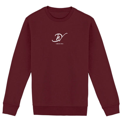 Vue produit sweat-shirt col rond unisexe bio bordeaux à plat avec monogramme DW cursif blanc centré poitrine et inscription DJÊKOO WAX - Vêtement éco-responsable

