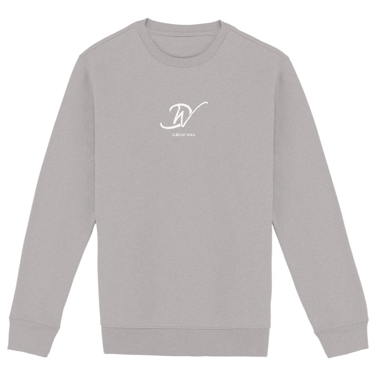 Vue produit sweat-shirt col rond unisexe bio gris clair à plat avec monogramme DW cursif blanc centré poitrine et inscription DJÊKOO WAX - Fashion africaine durable

