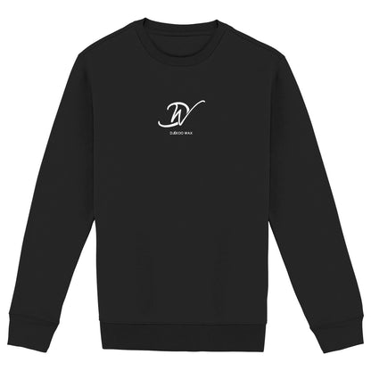 Vue produit sweat-shirt col rond unisexe bio noir à plat avec monogramme DW cursif blanc centré poitrine et inscription DJÊKOO WAX - Style africain premium

