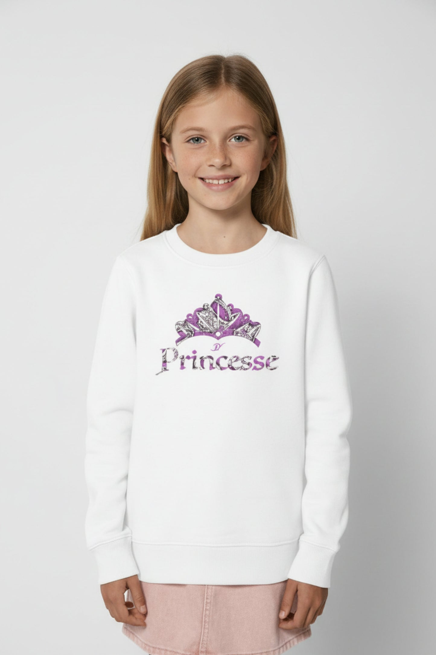Sweat-shirt enfant fille blanc en coton bio avec couronne wax violet et inscription Princesse - Djêkoo Wax