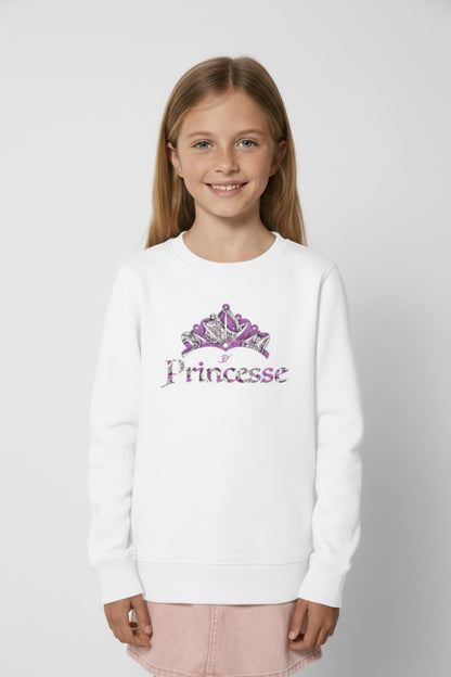 Sweat-shirt enfant fille blanc en coton bio avec couronne wax violet et inscription Princesse - Djêkoo Wax