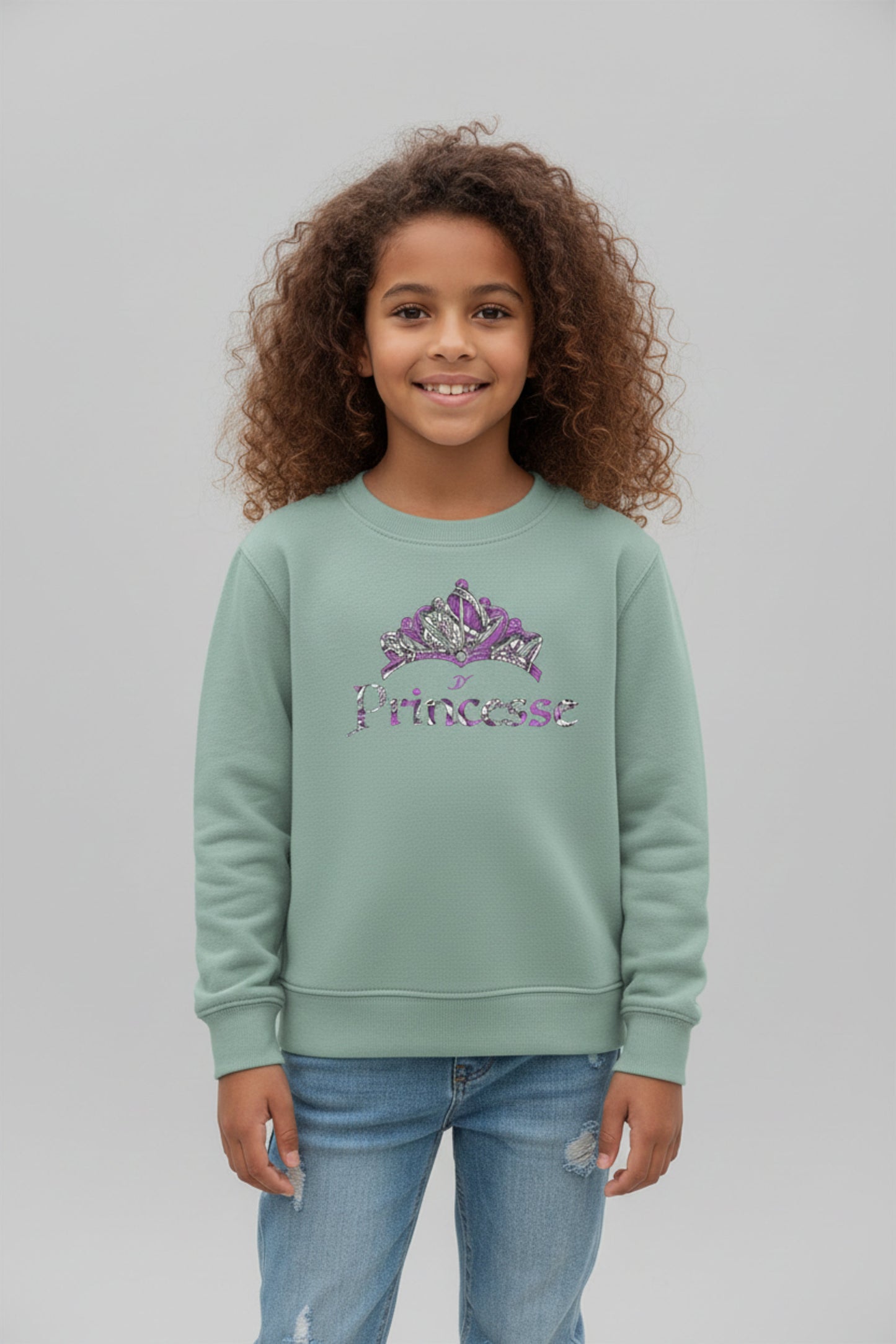 Sweat-shirt enfant fille vert menthe en coton bio avec couronne tissu wax violet et lettrage Princesse argenté - Mode africaine enfant
