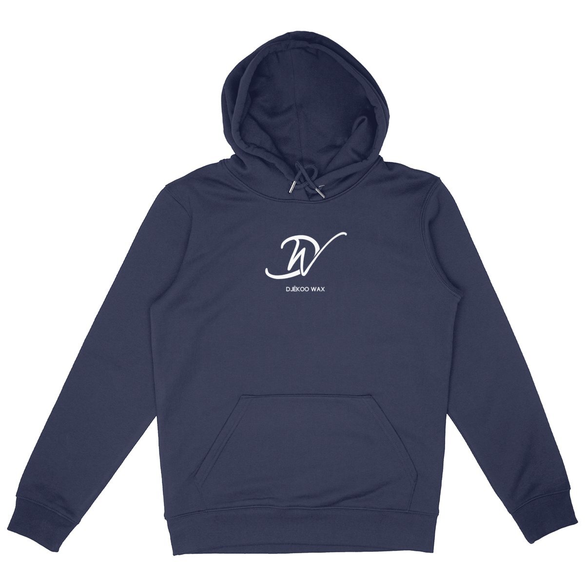 Sweat à capuche Bio haut de gamme coupe mixte Bleu Marine avec logo Blanc Djêkoo Wax, Hoodies organic unisex Navy