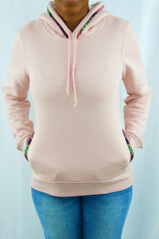 Sweat à capuche bio taille M pour femme de couleur Rose avec tissu Wax brodé sur les bords des poches latérales et de la capuche