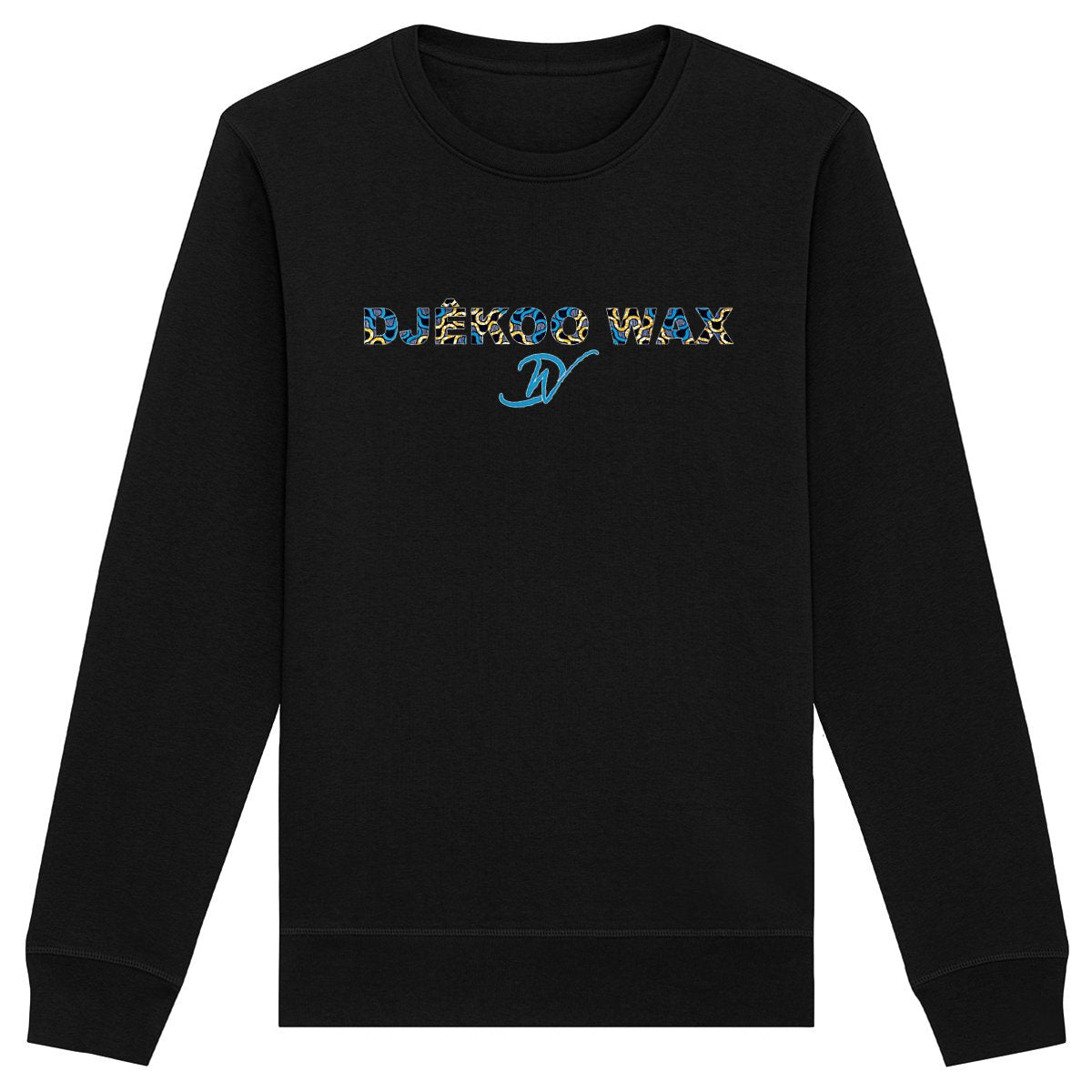 Sweat Bio Noir unisexe avec imprimé wax motif bleu et jaune, sweat organic unisex Black with printing african pattern