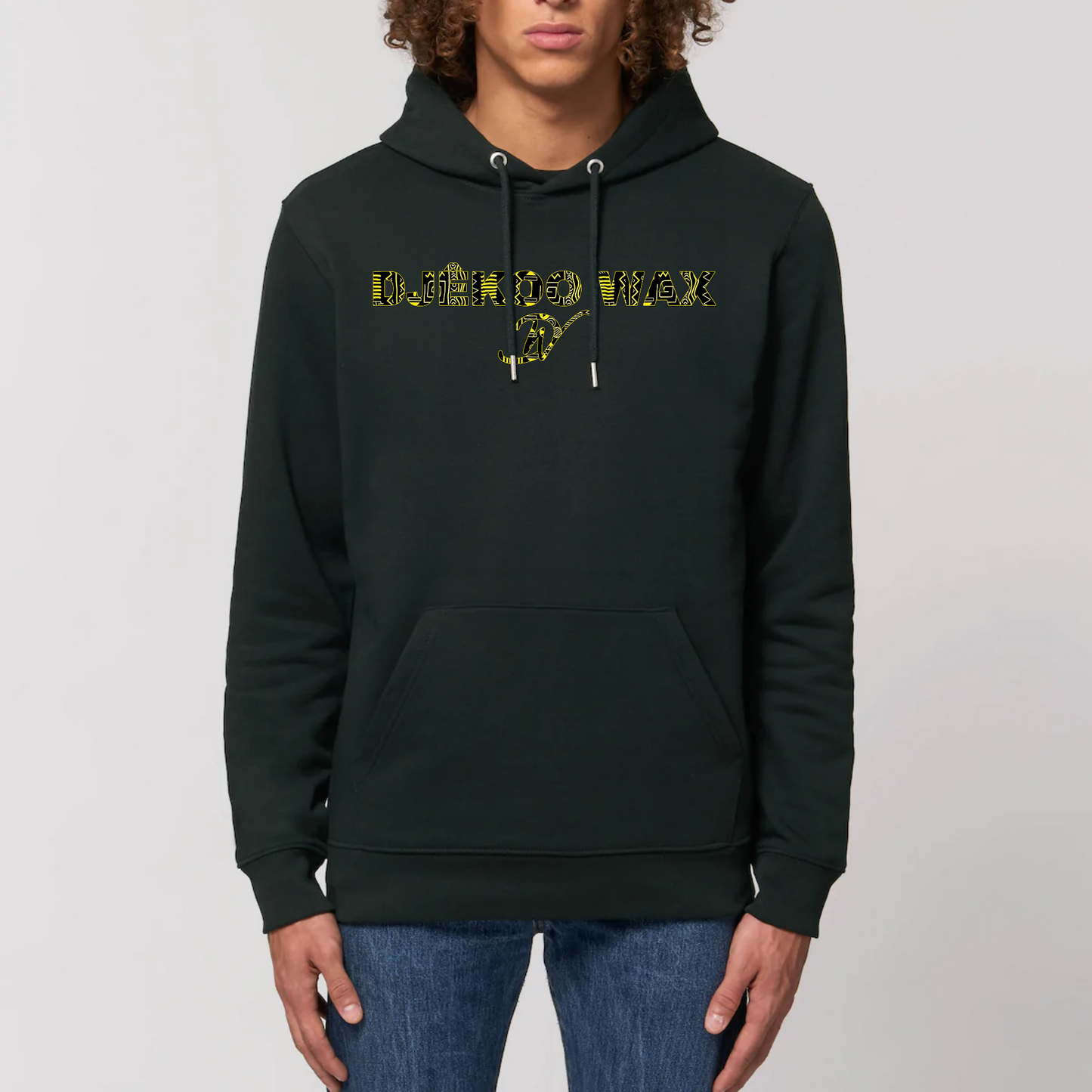 Hoodies organic unisex black, sweat à capuche Bio coupe mixte Noir avec impression motif bogolan wax jaune