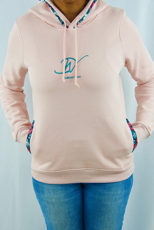 Sweat à capuche bio taille M pour femme de couleur Rose avec tissu Wax brodé sur les bords des poches latérales et de la capuche